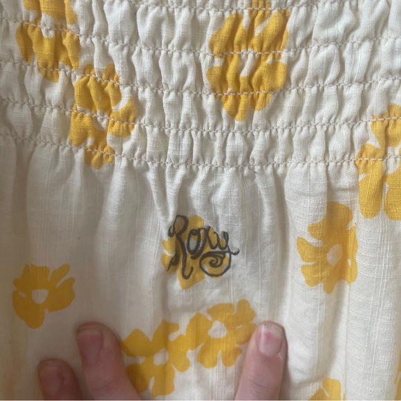 Vintage Roxy Maxi Dress Yellow White Brown Floral Smocked Cotton Sundress Size S - Picture 3 of 5
